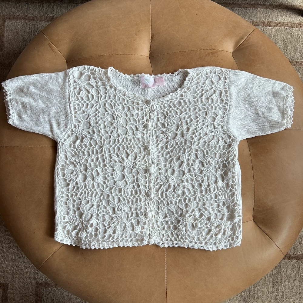 Dana Scott Vintage 90s Floral Knit Sweater Top Womens M Ivory Cropped Layering